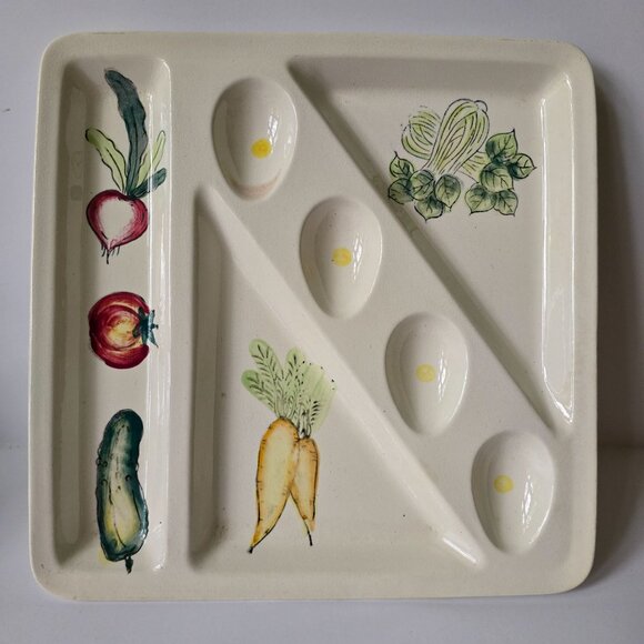 Japanese Ceramic Divided Serving Platter With Hand-Painted Vegetable Design - Picture 6 of 16